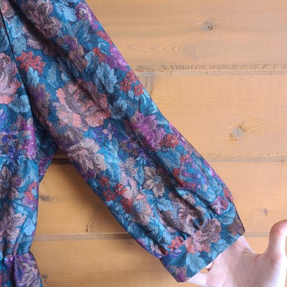 Vintage 80's Floral Fit Flare Midi Tapestry Jewel Tone Collared 70s 80s Flower - Picture 3 of 6